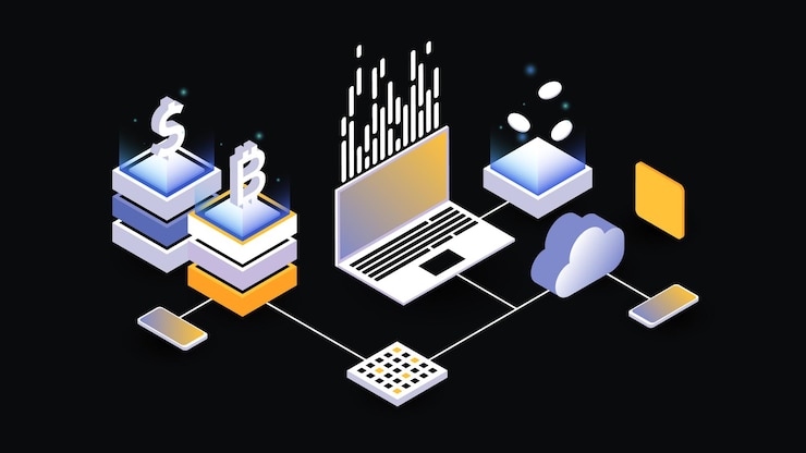 Vector isometric blockchain and cryptocurrency concept. vector illustration