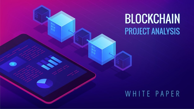 Isometric blockchain project analysis concept.