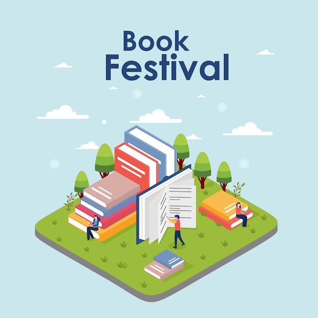 isometric book festival concept of a small people reading a book