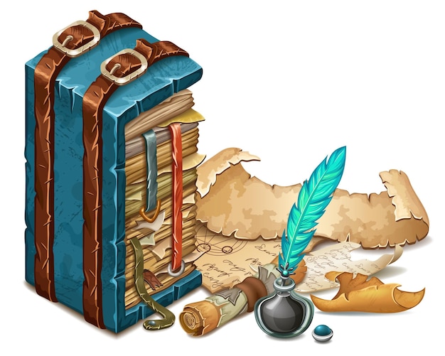 Isometric book of magic spells and witchcraft royal scrolls parchments old sheets of paper