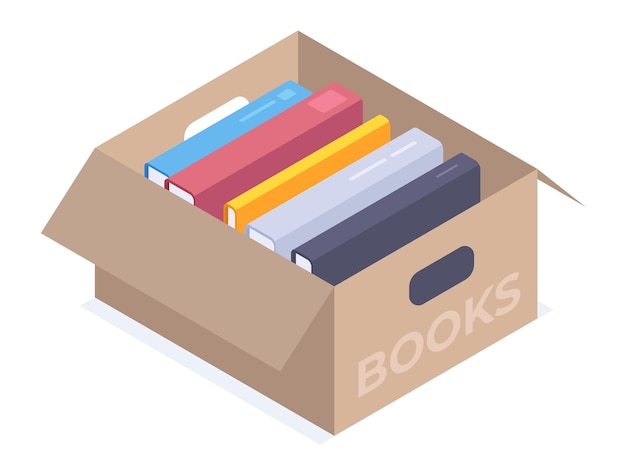 Isometric books donation Book stack in cardboard box encyclopedia and textbook fiction fantasy or educational literature 3d vector illustration