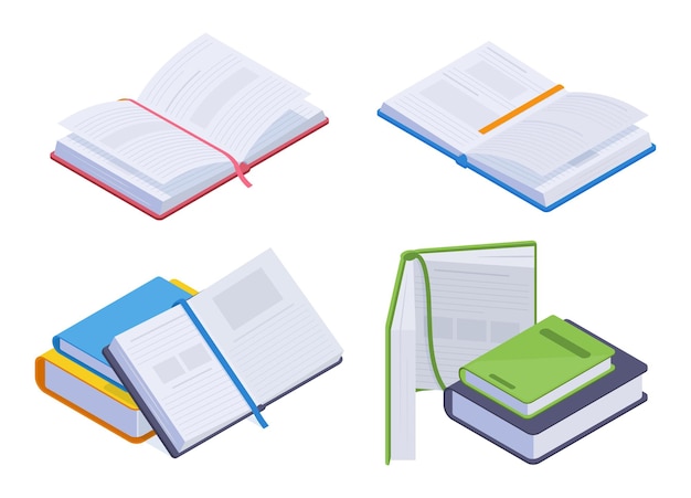 Isometric books piles Educational or fantasy literature encyclopedia school books pile open textbook 3d vector illustration set
