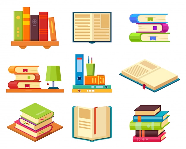 Isometric books on shelf, library literature set