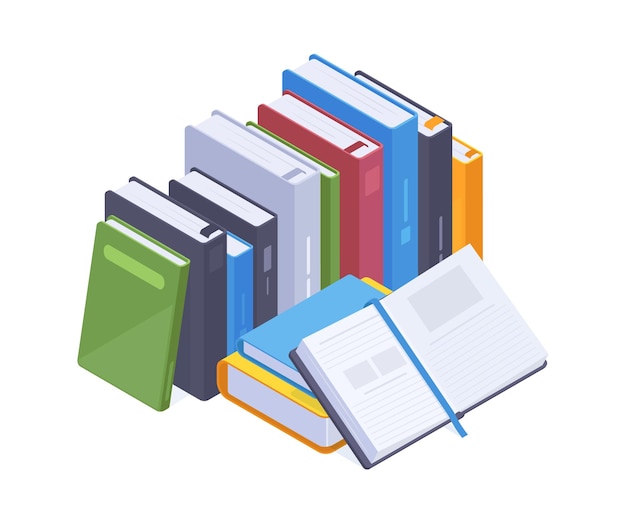 Isometric books stack educational or fantasy literature books pile textbook 3d vector illustration