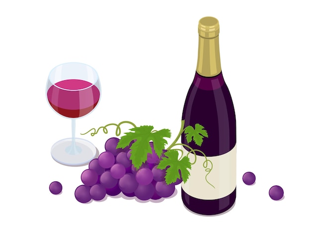 Изометрическая бутылка красного вина, гроздь винограда и бокал красного вина