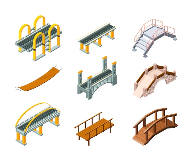 Изометрические мосты городские архитектурные объекты шоссе для автомобилей и железной дороги через мосты аквапарка набор ярких векторных иллюстраций