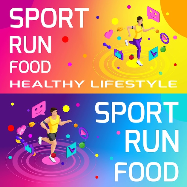 Isometric bright colorful banners on the theme of sport healthy eating healthy lifestyle running