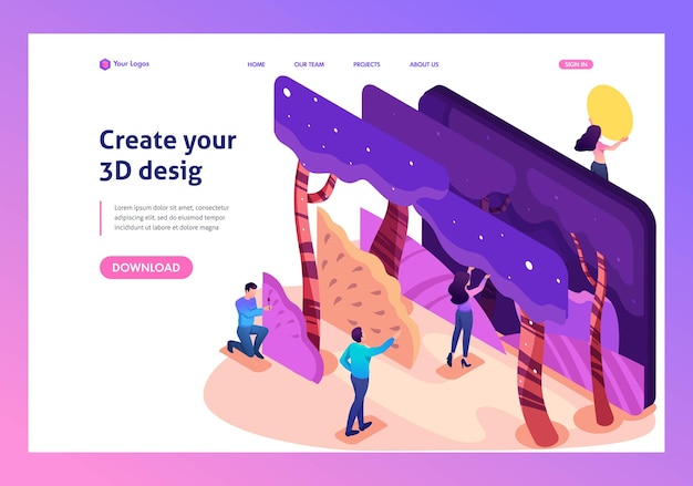 Isometric bright concept of a modern program for creating 3d illustrations website template landing page