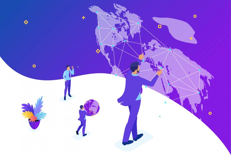Vector isometric bright concept site concept big businessman running the world, world map. concept for web design