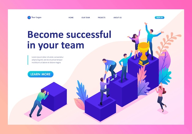 Isometric Bright concept successful young team upward movement Template Landing page