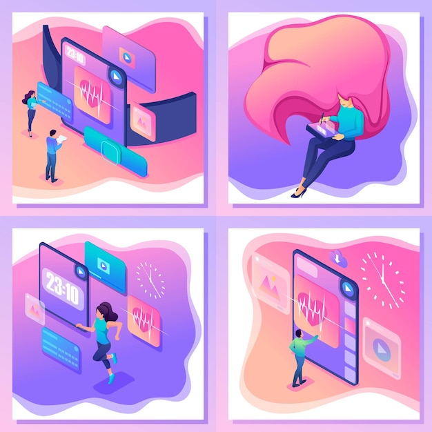 isometric bright concepts of using different devices in different spheres of life