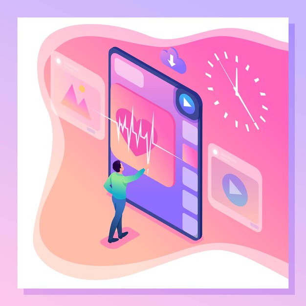 isometric bright man concept running on virtual screen, health care