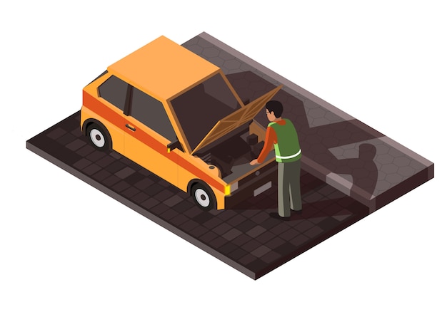 Isometric broken car with driver