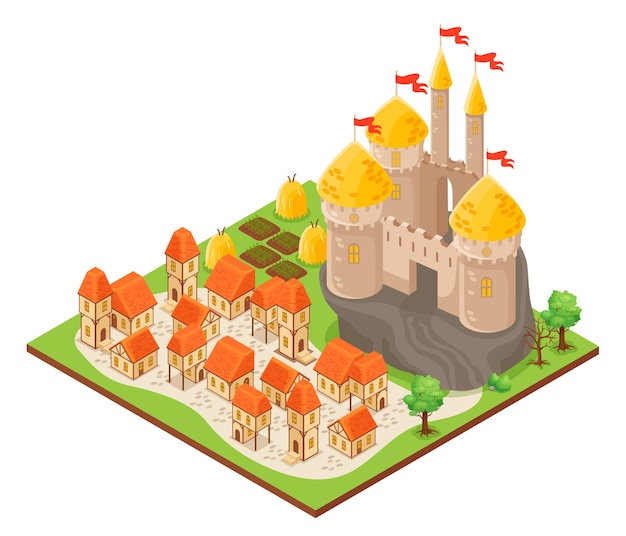 Vector isometric building of fantasy castle on rock and city with houses