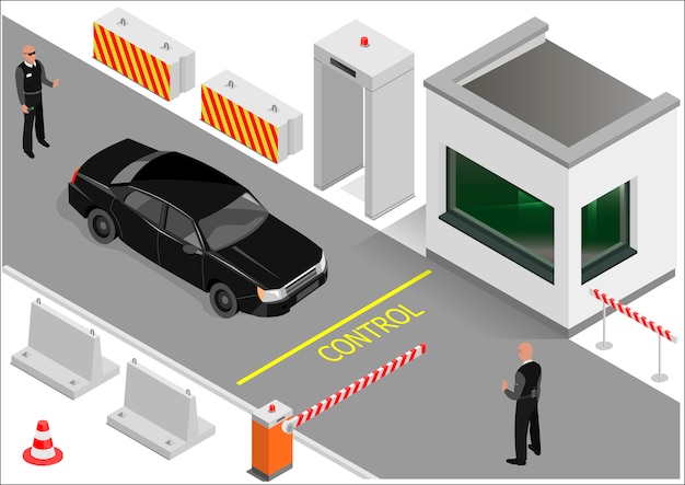 等尺性の建物の警備員または税関ポイント。エントリトランスポートゾーン。ベクターグラフィックス