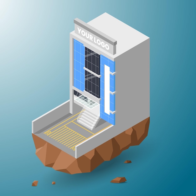 Isometric building and rock illustration