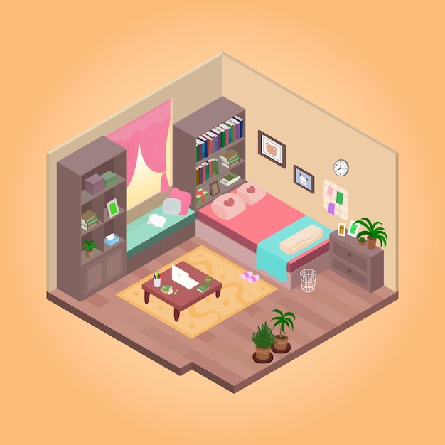 Isometric building rooms in vector illustrations with interior decoration bedrooms