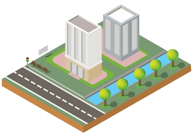 Isometric Building .Two building on Yard with road.building 3d,smart city, office and town apartment .