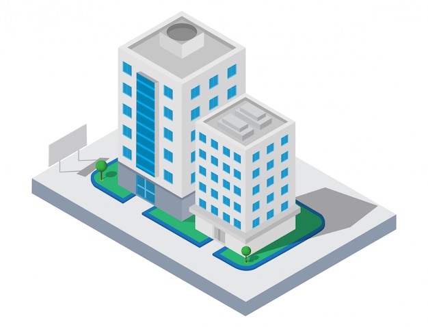 Vector isometric building. two building on yard with road. building 3d, smart city