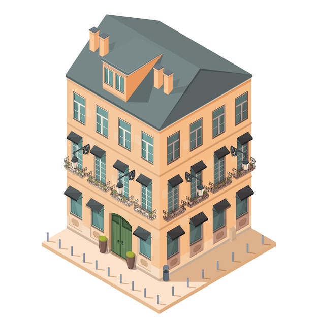 Vector isometric building with restaurant and terrace, vector illustration