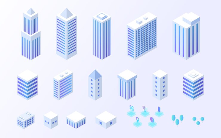 Isometric buildings set with Smart city object