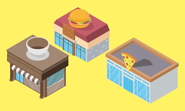 Vector isometric buildings three icons