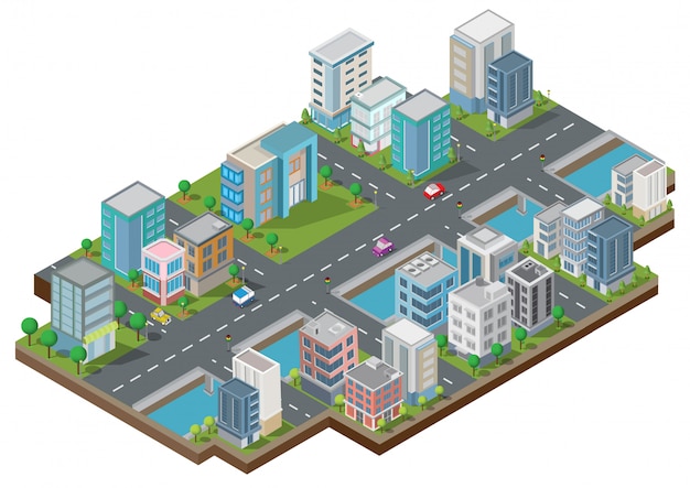 Isometric buildings with yard, river, road and trees