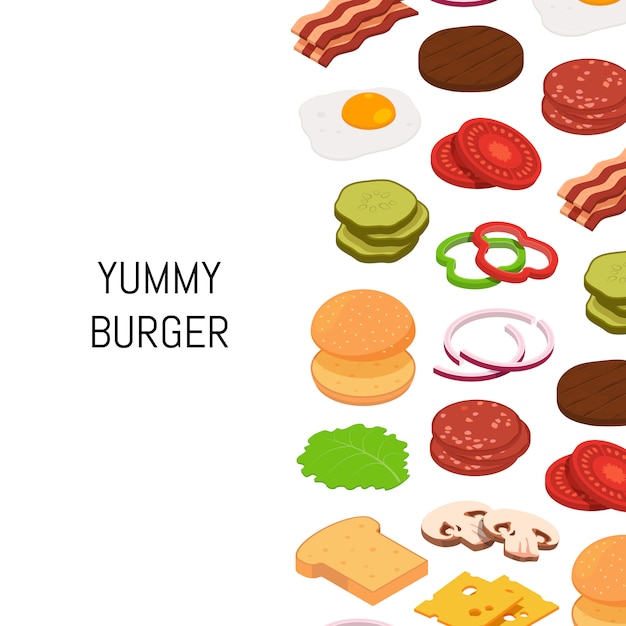 isometric burger with color ingredients background