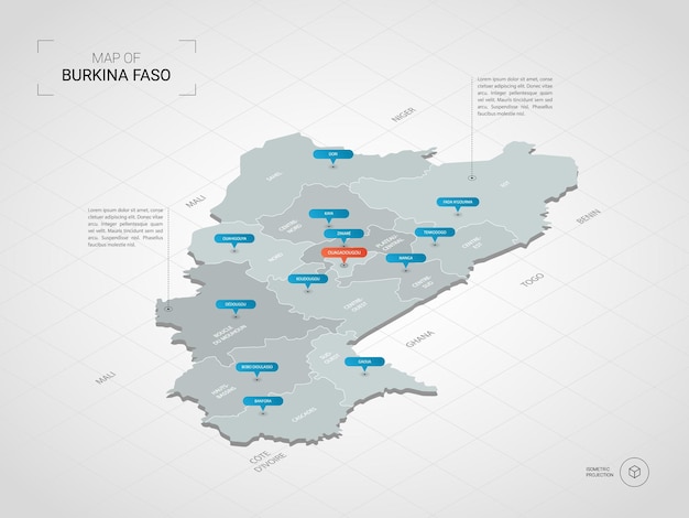 Изометрическая карта буркина-фасо. стилизованная иллюстрация карты с городами, границами, столицей, административным делением и указателями; градиентный фон с сеткой.
