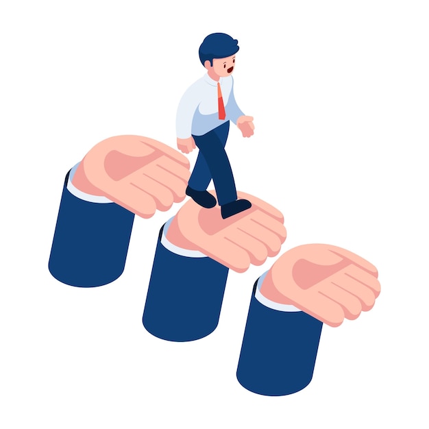 Isometric businesman walking on supporting hands