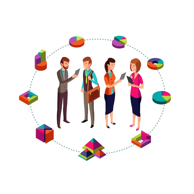 Vector isometric business analyst vector modern concept with businessman team and 3d charts