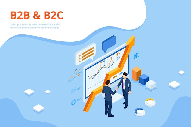 Isometric business to business marketing b2b solution business marketing concept online business partnership and agreement