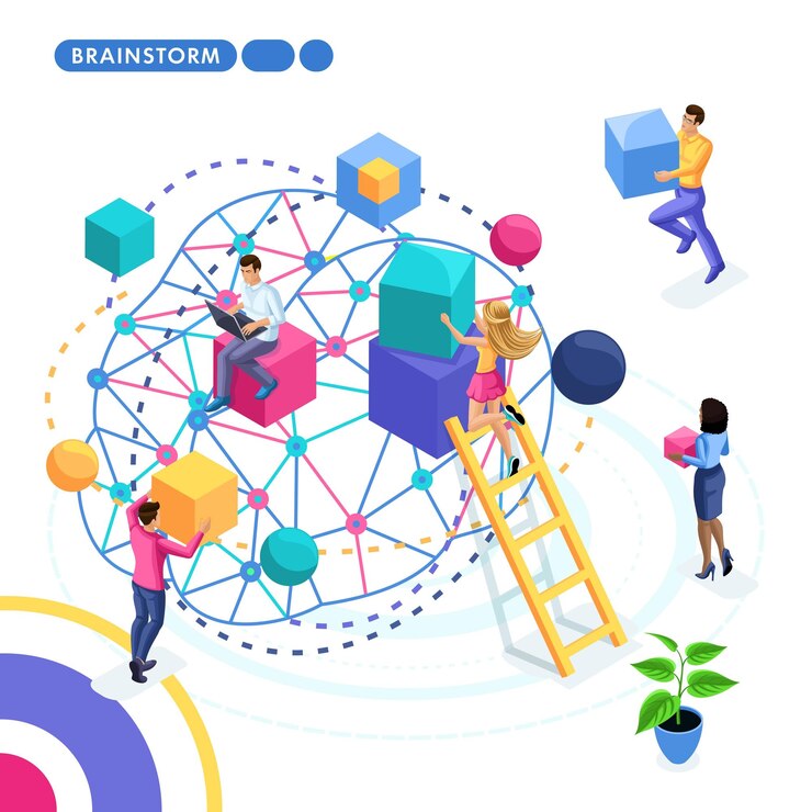 Vector isometric business concept, teamwork, brainstorming, strategy development. young entrepreneurs are working on a business strategy.