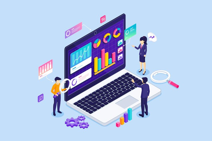 Vector isometric business data analysis people is monitoring charts diagrams on a big laptop illustration