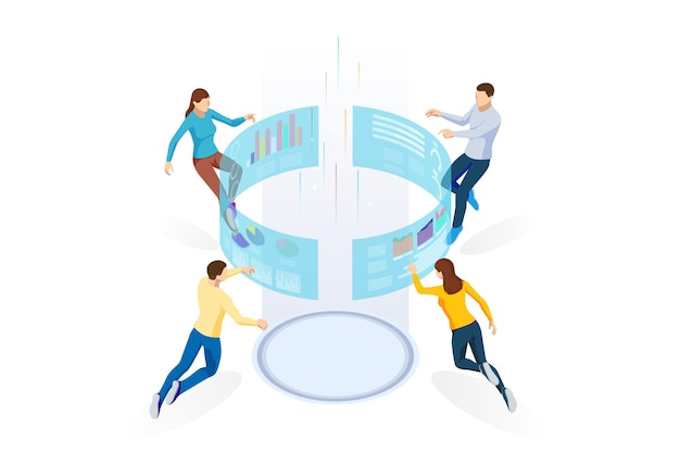 Isometric business data analytics process management or intelligence dashboard on virtual screen showing sales and operations data statistics charts and key performance indicators concept.