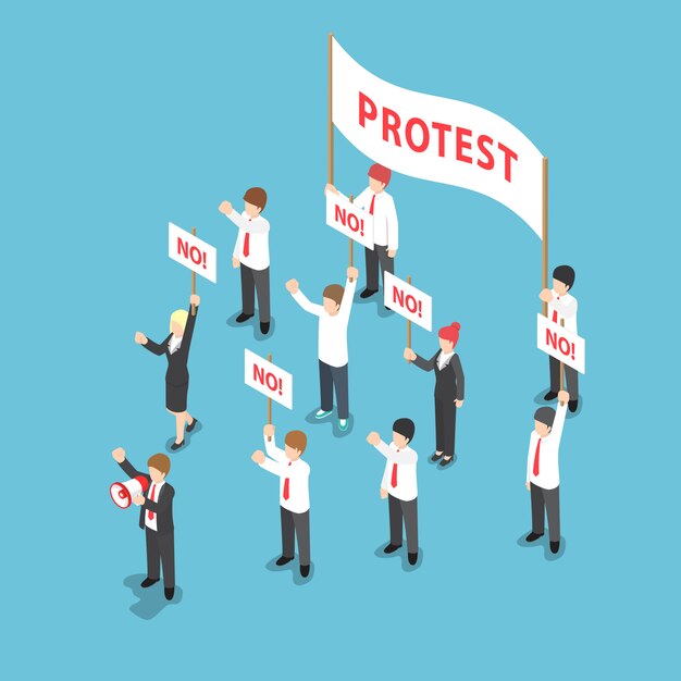 Dimostrazione o protesta isometrica di uomini d'affari con megafono e cartello