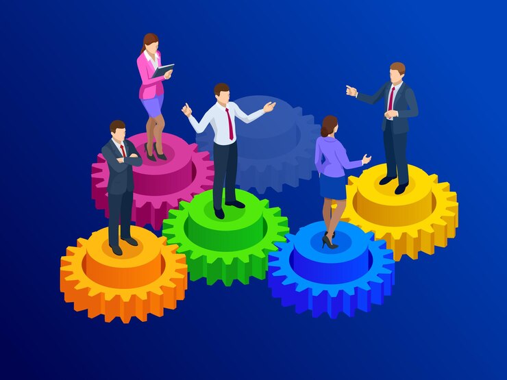 Vector isometric business people on gears, collaboration and teamwork concept. vector illustration