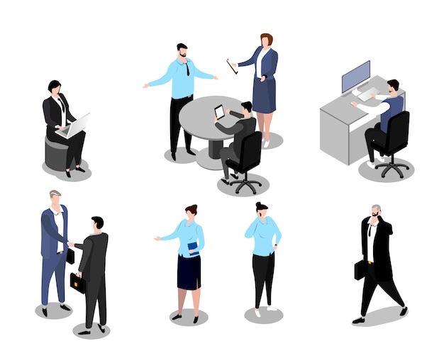 Isometric business people  illustration, cartoon  man woman employee character in office professional work poses  on white