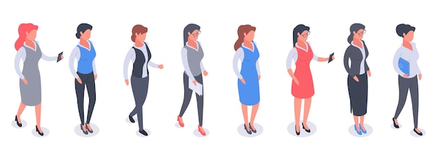 Uomini d'affari isometrici donne di successo del team di dipendenti dell'ufficio femminile che indossano abiti da lavoro colleghi di ufficio in abbigliamento formale 3d illustrazione vettoriale isolato su sfondo bianco