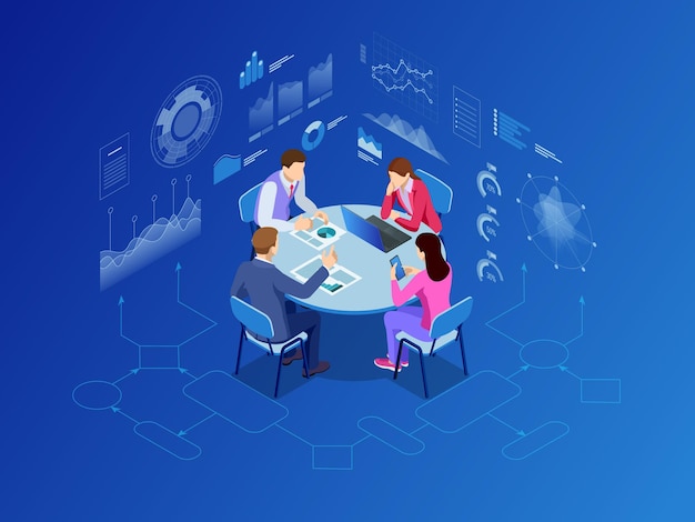 Isometric business people talking conference meeting room. Team work process. Business management teamwork meeting and brainstorming. Vector illustration