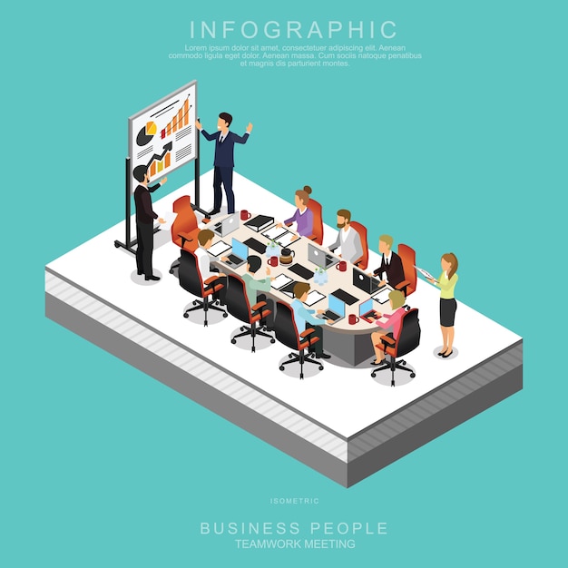 ベクトル オフィスでのisometric booiness people teamworkミーティング