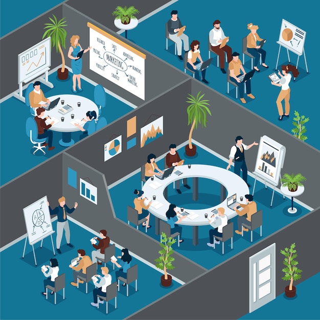 Изометрическая композиция для бизнес-тренинга с внутренним видом на офисные помещения с группами рабочих за столами