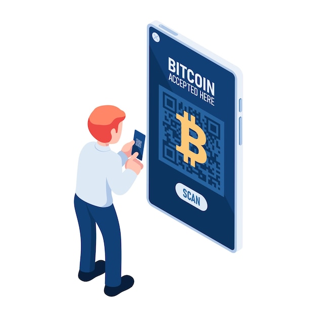 Isometric Business use QR Code to make payment in Bitcoin