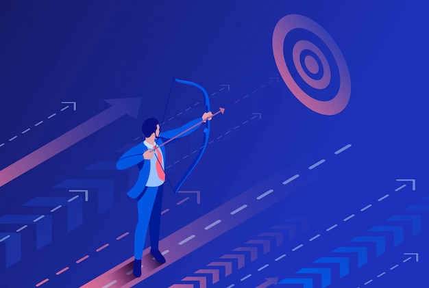 Isometric businessman aiming at the target, business concept.