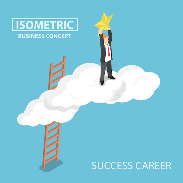 Isometric businessman climbing up over the cloud and reaching hands to the star