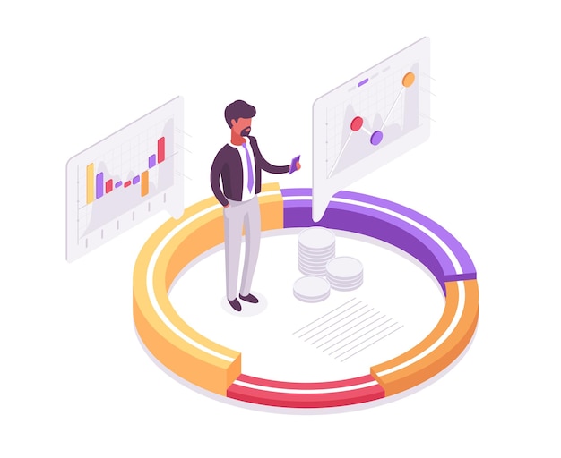 Dati isometrici dell'uomo d'affari che analizzano l'analisi delle statistiche del grafico 3d illustrazione vettoriale