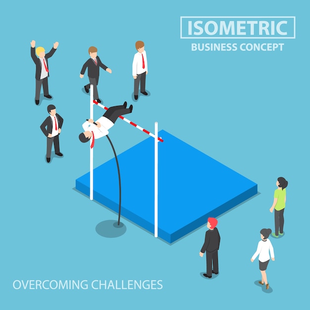 Isometric businessman doing the pole vault