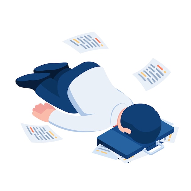 Vector isometric businessman fainting on briefcase