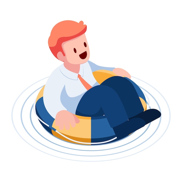 Isometric businessman floating with lifebuoy