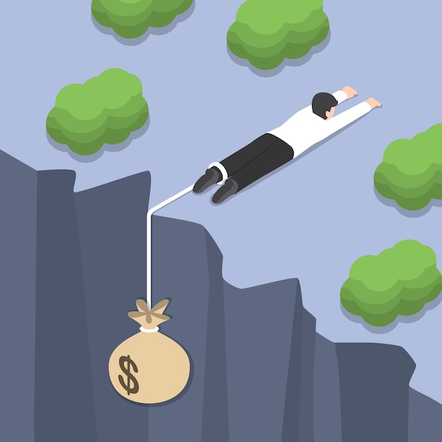 Isometric businessman holding on the cliff edge with money bag tied on his leg